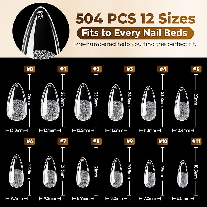 UNA GELLA Almond Gel Nail Tips, 504PCS Pre Etched Clear Fake Nails Tips Medium Almond Shape - 12 Sizes Full Cover Soft Acrylic Press On Nail Extensions No C Curve Gift for Diy at Home
