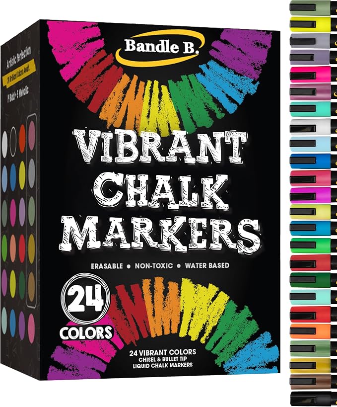 Bandle B. Chalk Markers - 24 Vibrant, Erasable, Non-Toxic, Water-Based, Reversible Tips. For Glass or Chalkboard Markers for Businesses, Restaurants, Liquid Drawing Chalk (Vibrant 6mm)