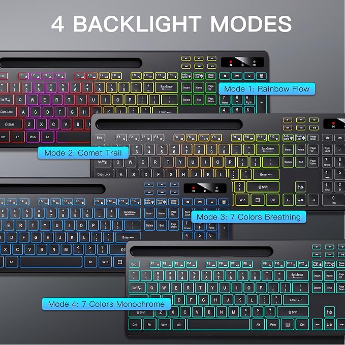 Soueto Wireless Keyboard with 7-Color RGB Backlit, Full-Size Computer Keyboard with Phone Tablet Holder, 2.4G Rechargeable Gaming Keyboard with Light Up Keys, Compatible with Mac, Windows (Black)