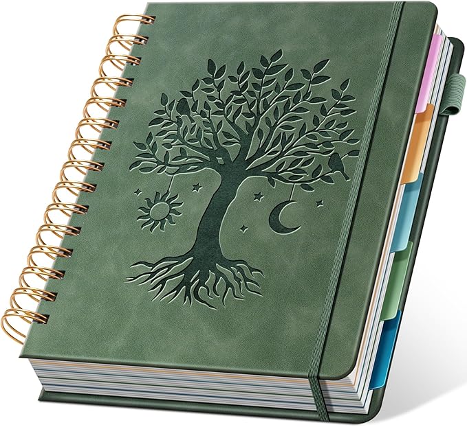 Hardcover Spiral Notebook 6.1" x 8.4" with 5 Removable Dividers 300 Pages Leather 5 Subject Notebook College Ruled 100GSM Large Spiral Notebooks for Work Thick Lined Journal for Women, Green