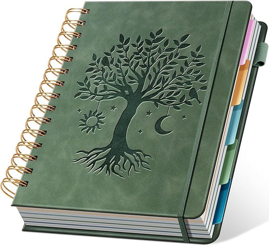 Hardcover Spiral Notebook 6.1" x 8.4" with 5 Removable Dividers 300 Pages Leather 5 Subject Notebook College Ruled 100GSM Large Spiral Notebooks for Work Thick Lined Journal for Women, Green
