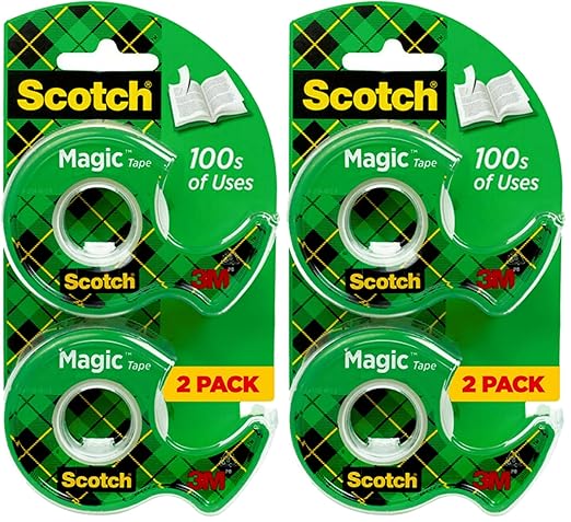 Scotch Magic Tape, Invisible, Repair Christmas Cards and Use as Holiday Gift Wrap Supplies for Christmas, 2 Tape Rolls with Dispensers (Pack of 2)