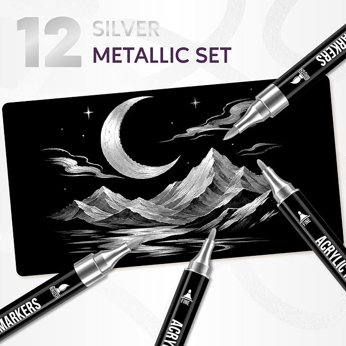 Pagather Silver Acrylic Paint Markers, 12 Dual Tip with Fine Tip and Brush Tip Pens for Fabric, Stone, Wood, Canvas, Ceramic, Metal, Glass, Rock Painting, DIY Crafts