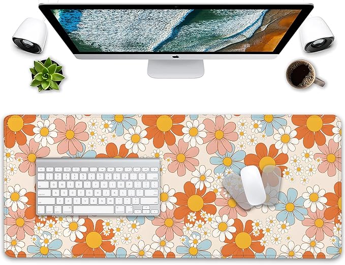 Vintage Floral Mouse Pad Daisy Desk Pad,Retro Flower Mouse Mat,Floral Desk Mat Mouse Mat for Desk,Keyboard and Mouse Pads,Gaming Mouse Pad Mousepad for Computer Office Home Work