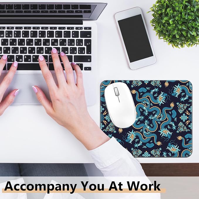 Blue Chinese Dragon Mouse Pad, Mystical Traditional Asian Oriental Creature Square Mousepad Mouse Mat with Anti-Slip Rubber Base for Computer Laptop Home Office Desk, 9.5x7.9 in
