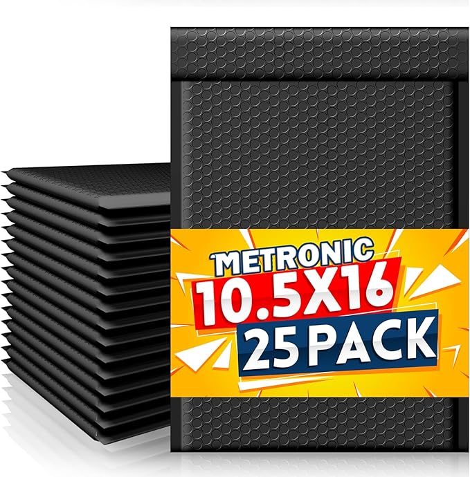 METRONIC Bubble Mailers 10.5x16 Inch 25 Pack Black Large Bubble Mailer Self Seal Waterproof Thick Padded Envelopes for Packaging, Mailing, Shipping