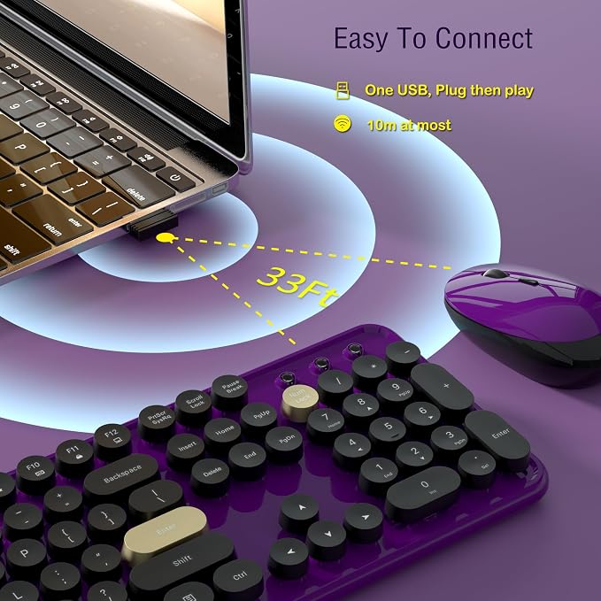 Links9+ Wireless Typewriter Keyboard and Mouse Combo (Purple-Black) | Full-Size Retro Round Keycaps, Clicky Typing, Ergonomic Design, Smart Auto-Sleep, Perfect for Office, Home and School
