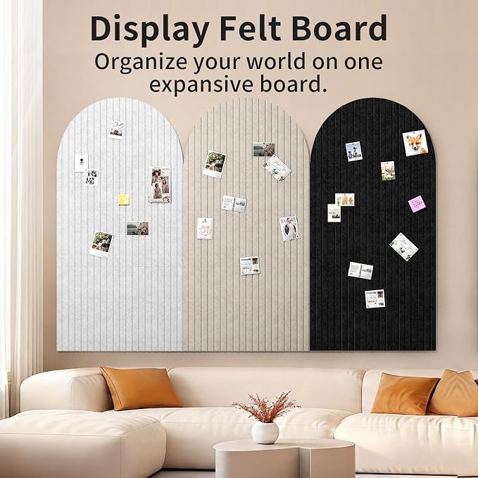 Large Arched Felt Bulletin Board, 48"x24", Black | Cork Board Alternative, 3 Foldable Adhesive Tiles, 50 Push Pins, Office Wall Decor, Pin Boards for Pictures & Photos Display