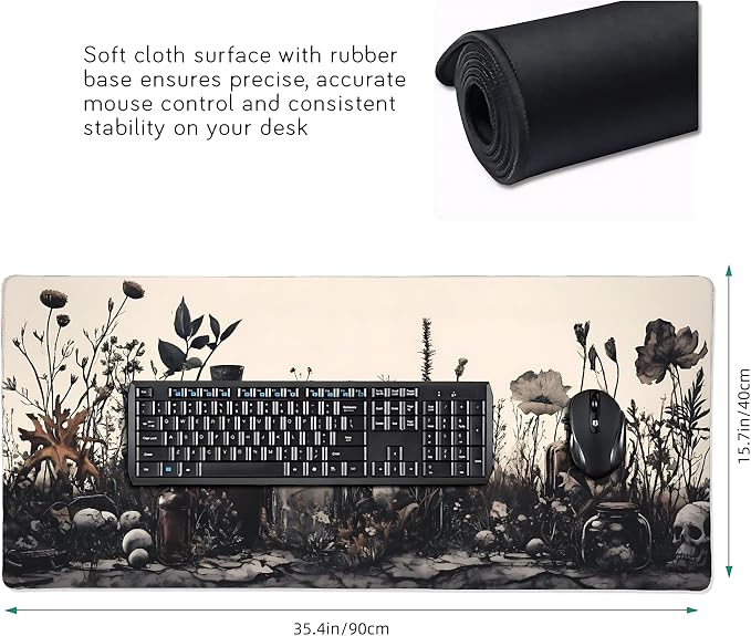 Aesthetic Skull Gaming Mouse Pad, Earth Tone Vintage Botanical Desk Mat with Anti-Slip Base & Stitched Edges,35.4" x 15.7" in Table Mat for Computer Desktop, Beautiful Workstation Decor