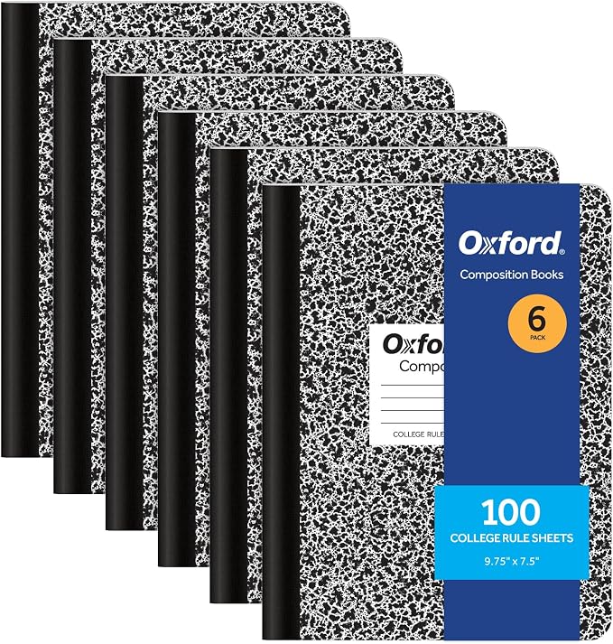 Oxford Composition Notebooks, College Ruled Paper, 9-3/4 x 7-1/2 Inches, 100 Sheets, Black, 6 Pack (63767)