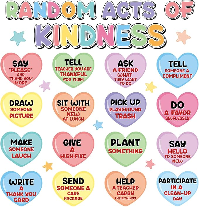 Random Acts of Heart Kindness Bulletin Board Set Colorful Motivational Classroom Decoration Sweet Candy Heart Kind Challenge Cutouts for Back to School Office Home Chalkboard Decor Wall Door
