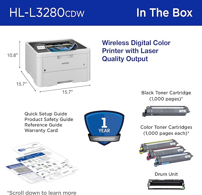 Brother HLL3280CDW Wireless Compact Color Laser Printer, Duplex, Mobile Printing & Ethernet | Includes 2 Month Refresh Subscription Trial¹, Amazon Dash Replenishment Ready (Renewed Premium)