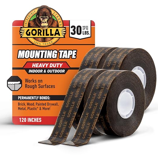 GORILLA Heavy Duty Double Sided Mounting Tape, 1" x 120" (Pack of 4) Holds up to 30lbs, Industrial Strength Adhesive for Homework Stations, Classroom Setup & Student Projects, Indoor & Outdoor