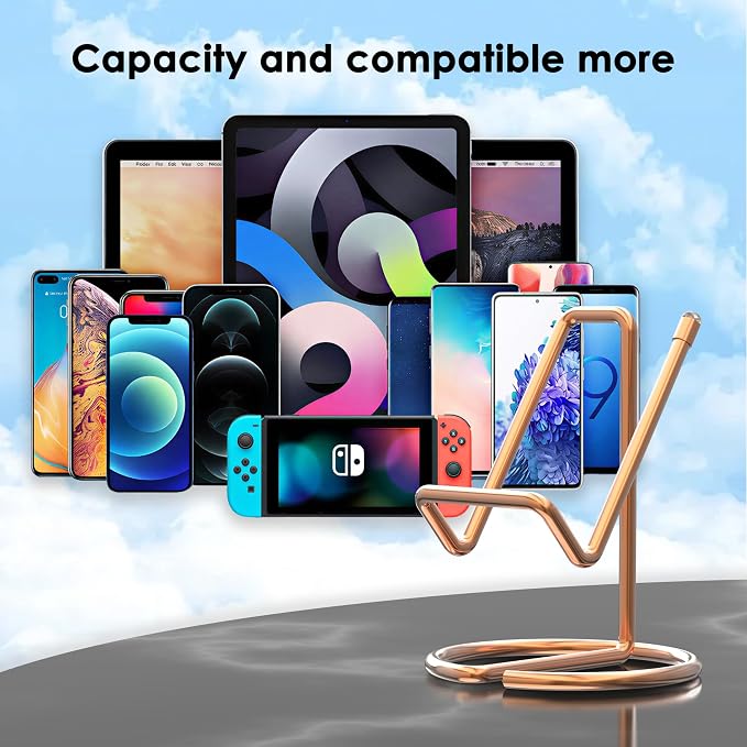 Metal Cell Phone Stand for Desk, Cute One-Piece Phone Holder, Stable Desktop Display Dock for iPhone, iPad, Samsung, Tablets & All Mobile Phones, Rose Gold