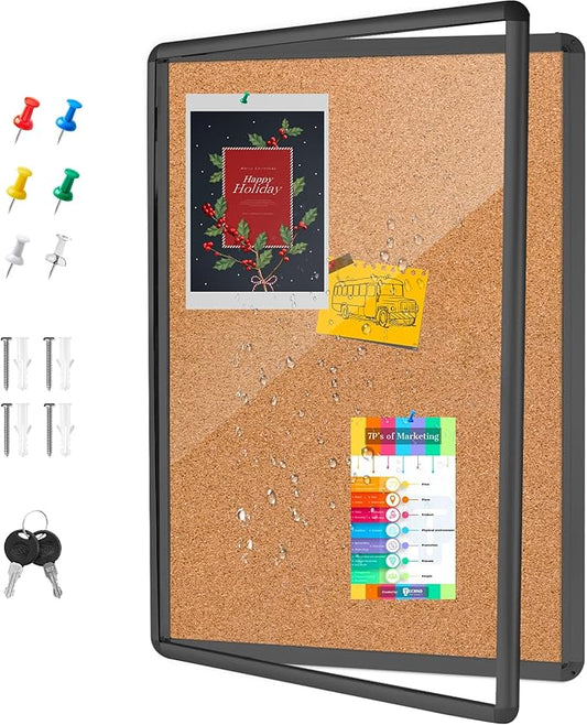 36"x24" Outdoor Enclosed Bulletin Board with Locking Door,Outdoor Bulletin Board Weatherproof Aluminum Frame,Shatter-Resistant Tamper-Proof Display Board Case Cork Board for School, Office, Park