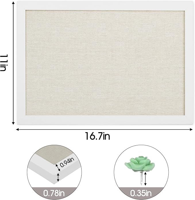 AKTOP Cork Board Bulletin Board with Linen 16.7" X 11", Small Framed Corkboard for Wall, Hanging Pin Board Picture Board for Home Office Decor, Cute Vision Board with 8 Pushpins (Vintage White)