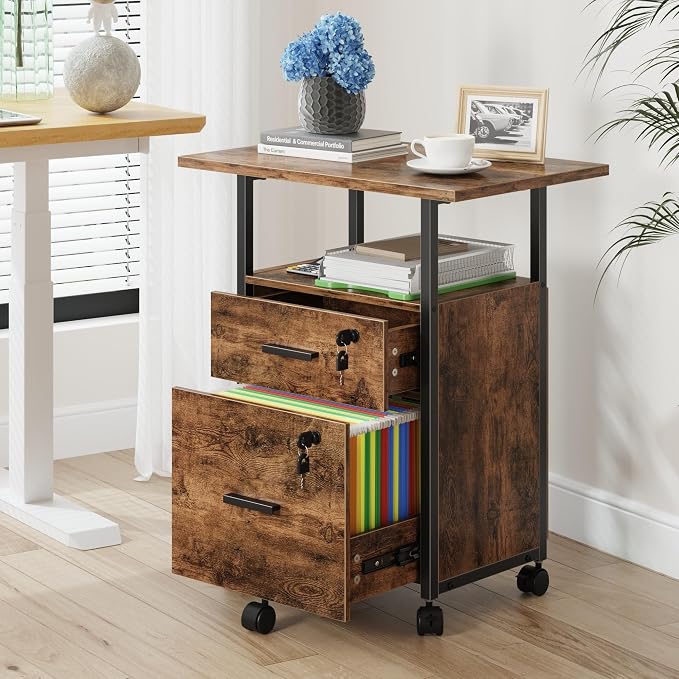 GYIIYUO 2 Wood Drawer Lockable File Cabinet with 22'' Extended Desktop | Mobile Filing Cabinet, Side Bag, Rolling Printer Stand, Fits A4&Letter Size, Home Office, Rustic Brown