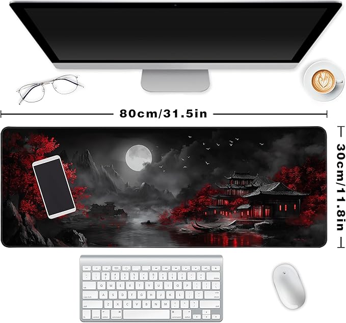 Long Gaming Mouse Pad Extended Anime Large Desk Pad with Non-Slip Base Full Keyboard Mat with Stitched Edges for Gaming and Office 31.5 x 11.8 inches (Dark Night Full Moon)