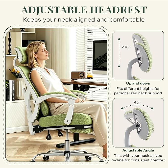 Ergonomic Office Chair with Footrest, Computer Gaming Chair | Adjustable Headrest, Lumbar Support, Swivel Reclining, Padded Armrest, Mesh High Back, Home Desk Work Study, Green