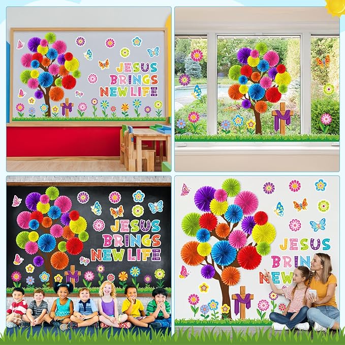 76 Pcs Christian Spring Classroom Bulletin Board Set 3D DIY Paper Fans Flower Tree Bulletin Board Jesus Brings New Life Cutouts Religious Cross Wall Decor for Spring Easter VBS Sunday School