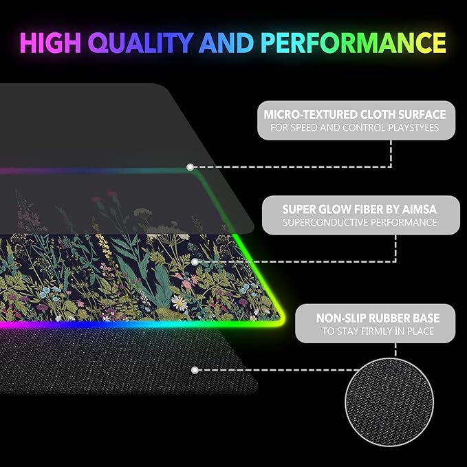 RGB Gaming Mouse Pad Large, AIMSA Keyboard Led Mousepad Extended 35.4 x 15.8 inch Non-Slip Rubber Base with 14 Lighting Modes, Big Desk Mat Waterproof, Flowers Plants