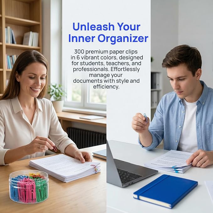 Colored Jumbo Paper Clips, 2 Inch (50mm), 300PCS | Vinyl Coated, Rust Proof, Storage Box Included, For Office School Home Document
