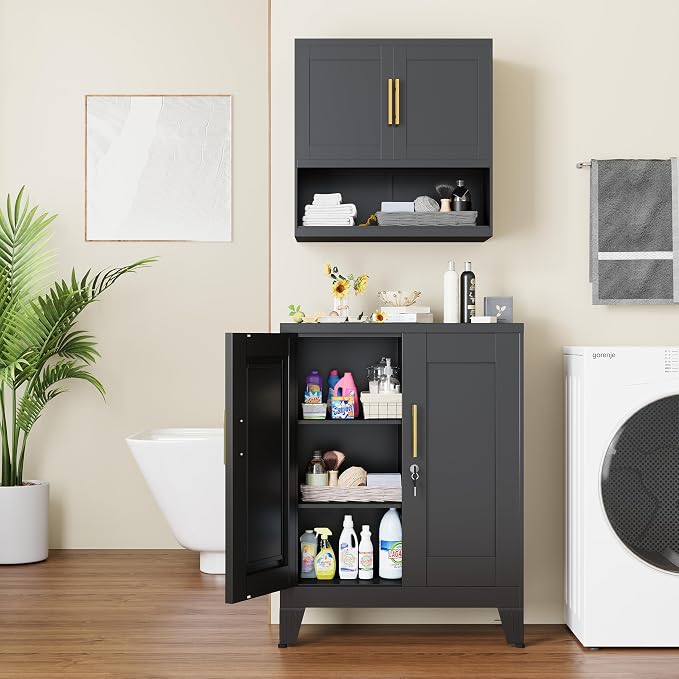 GAIOUS Black Metal Pantry Cabinet with Lock(Two Units), Sideboard Buffet | Storage Cabient with Doors and 2 Adjustable Shelves, Multifunctional Kitchen Cupboard for Home Office, Buffet Table