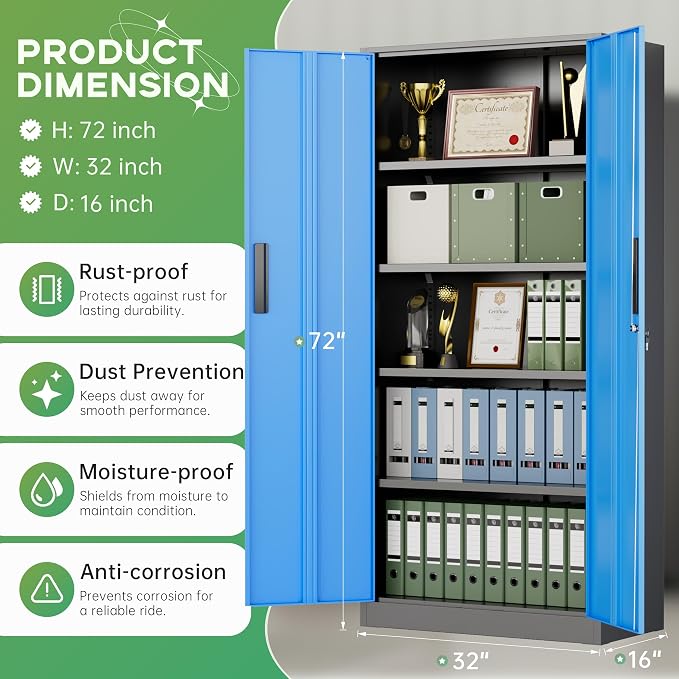 Metal Storage Cabinet,72" Steel Lockable File Cabinet with Locking Doors and Adjustable Shelves,Locking Tool Cabinets for Office,Home,Garage,Gym,School (Black Blue)