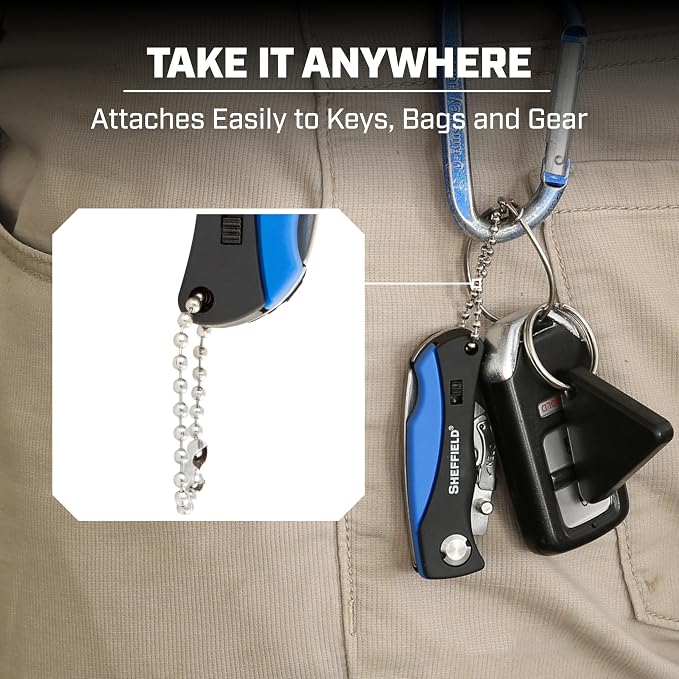 Sheffield 12125 Mini Box Cutter & 5 Blade Storage Compartment and Key Chain | Sheffield Utility Knife, Mini Utility Knife with Aluminum Handle for Home, Office, Trades, and Warehouse