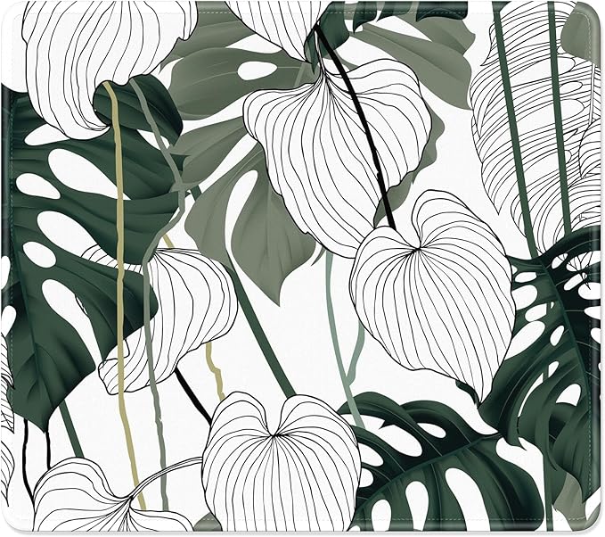 Mouse Pad, Minimalism Marble Style Computer Pad, Anti-Slip Rubber Mouse Mat with Stitched Edges for Gaming, Office, Laptop, PC, Women, 9" x 8" Thick 3 mm, Monstera Leaves