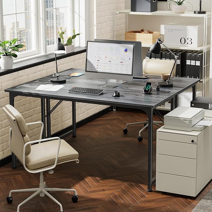55 X 20 Inch Computer Desk, Power Outlets, USB-C, Grey | Office Desk with 4 AC Outlets, USB & USB-C, Sturdy Metal Frame, Spacious Desktop for Work, Writing, Study & Gaming