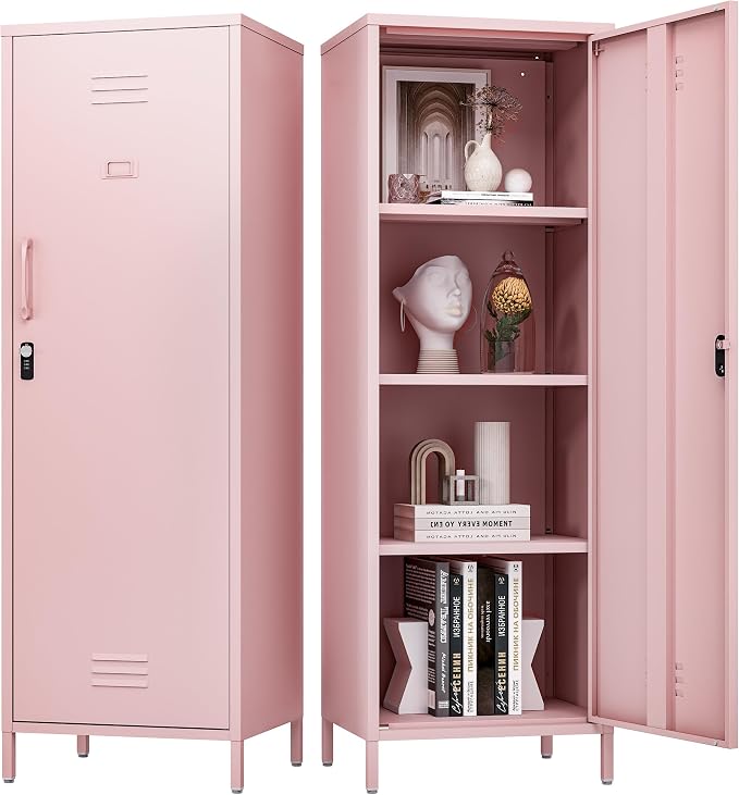 Metal Locker Storage Cabinets,59" H Pink Locking File Cabinets with 2 Doors and Shelves for Dining Room, Living Room,Bathroom Office,Home,Garage, Gym, School