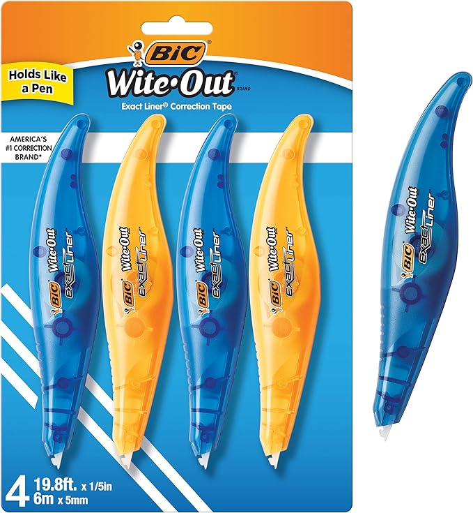 BIC Wite-Out Brand Exact Liner Correction Tape, 19.6 Feet, 4-Count | Tear-Resistant Design | Instantly Covers Errors with No Dry Time | Ideal for School or Office Use