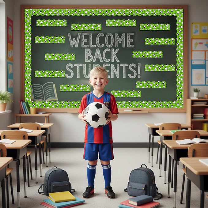 BeYumi Soccer Sport Border Trim - 65ft Back to School Soccer Sport on Green Scalloped Rolled Border Trim Football Sports Ball Theme Bulletin Board Set Party School Classroom Chalkboard Wall Decoration