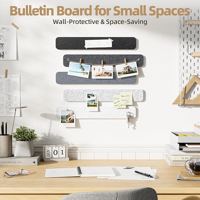 10 Pack 13"x2" Cork Board Strip with Removable Adhesive Squares & Push Pins | Pin Board Alternative Felt Strip Bulletin Board, Felt Board for Photo & Note Display, Home Office Decor - Urban Slate