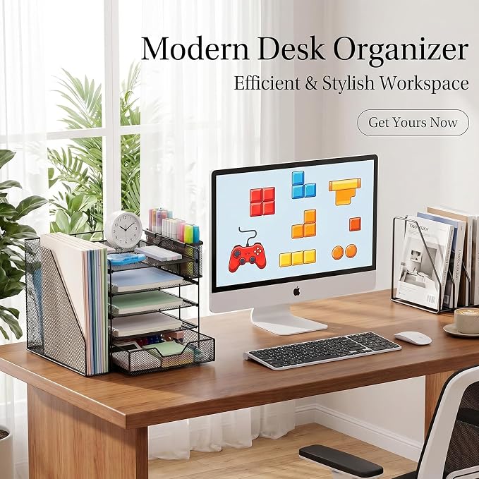 5-Tier Desk File Organizer with Drawer & Pen Holder (Black) | Desk Organizers and Accessories, Office Desk Accessories & Workspace Desktop Organizers for Classroom, Home, Office Supplies