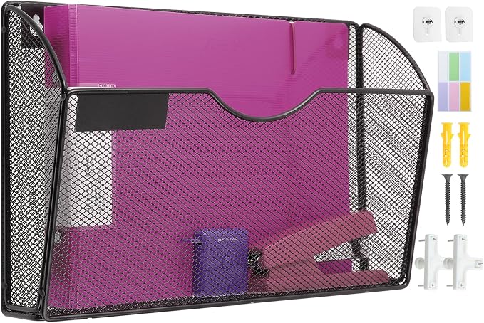 1 Pocket Mesh Wall File Holder Organizer Office Hanging File Folder Magazine Rack, Nametag Label Hooks Set Included (Black)