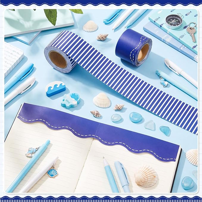2 Rolls 65.6ft Navy Blue Striped Bulletin Board Borders Decoration Scalloped and Straight Edge Blue Bulletin Borders Board Trim for Office School Classroom Chalkboard Party Decoration