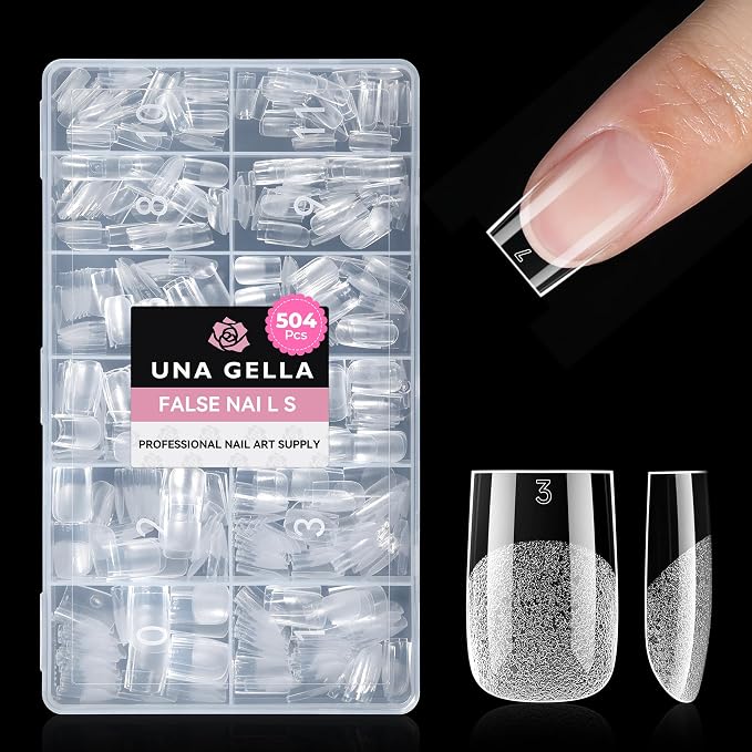 UNA GELLA Short Sharp Square Nail Tips 504pcs Short Square Press on Nails | Pre Etched Acrylic Fake Nails for Full Cover Nail Tips DIY Nails Salon at Home 12 Sizes