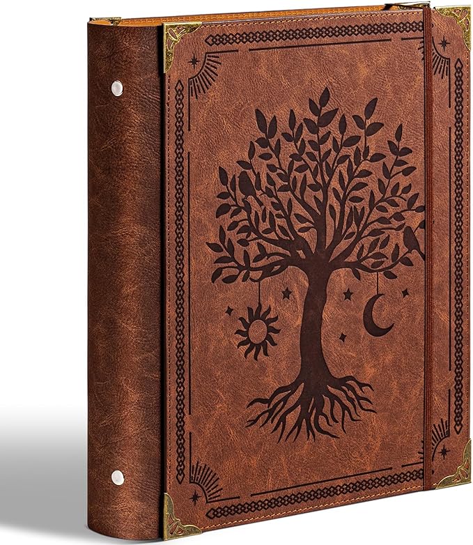 PU Leather 3 Ring Binder Fits 8.5"x11" Letter Size Paper, 2 Inch Round Ring Binder Holds 500 Sheets, Notepad Paper Cover Loose Leaf Organizer, Brown Tree