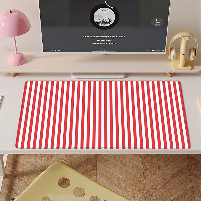 Red Striped Desk Mat Cute Pastel XXL Large Gaming Mouse Pad Desk Pad Kawaii Cozy Aesthetic Keyboard Laptop Computer Mat Home Office Decor for Women