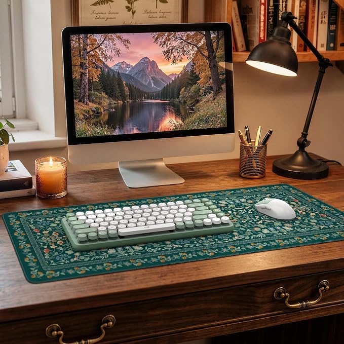 iCasso Aesthetic Floral Desk Mat,Retro Mouse Pads,31.5x11.8in,Deep Green | Anti-Slip Mousepad with Stitched Edges, Waterproof Computer Pad, Desk Accessories Office Decor for Women