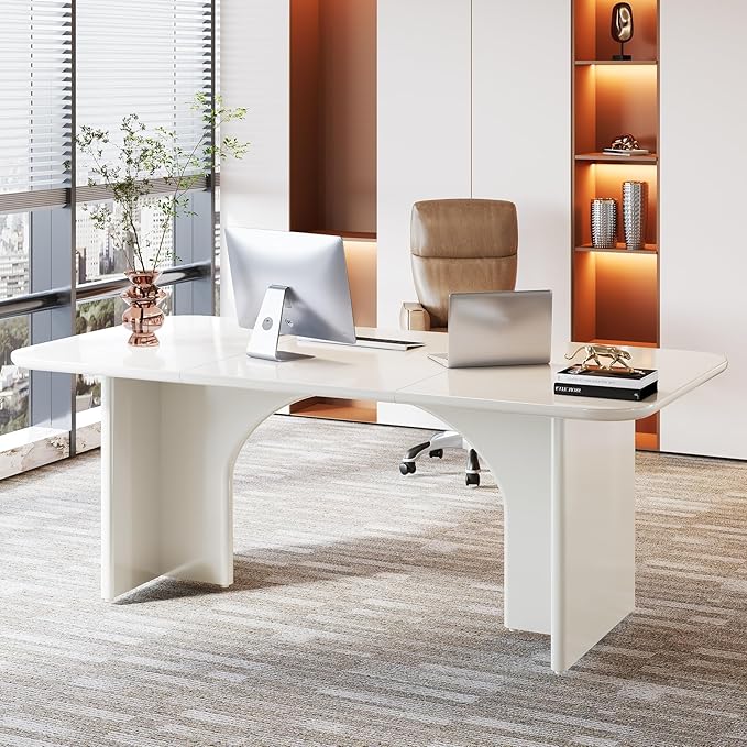 Tribesigns Modern White Desk, Large Minimalist Executive Office Computer Desk Writing Study Makeup Vanity Table Workstation with Arch Design Legs, 63 x 31.5 inch