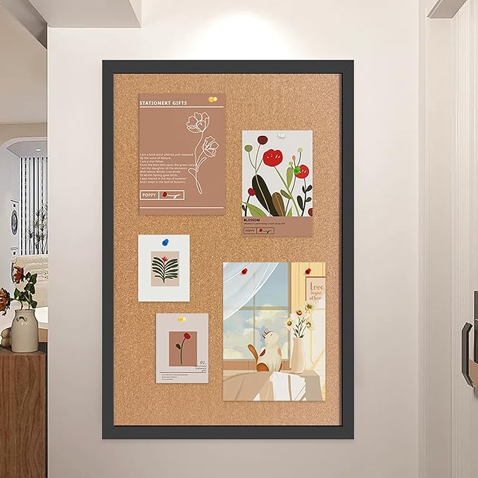 Cork Bulletin Board, 48x31.5 Inches Hanging Cork Board Wooden Framed with Pins for Wall, Dorm Room, Office, Home Decor – Natural Cork & Black Frame