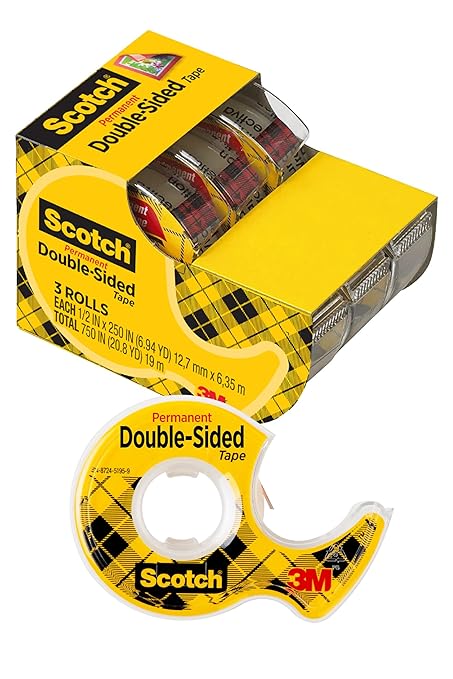 Scotch Double Sided Tape with Tape Dispenser, Office and School Supplies for Arts and Crafts, Alternative to Scrapbooking Glue, 0.5 in. x 250 in., 3 Rolls with Dispensers