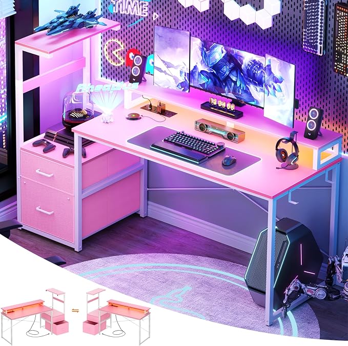 Aheaplus Gaming Desk with LED Strip & Power Outlet, 59Inch Reversible Computer Desk with Monitor Stand & Storage Shelves, Home Office Desks with Fabric File Drawer, Gamer Table PC Desk, Pink