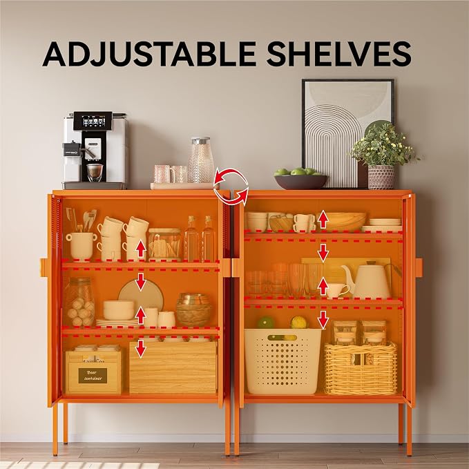 COFaR Orange Metal Storage Cabinet, 47”H Vibrant Coffee Bar & Buffet Sideboard with Adjustable Shelves, Fun Kitchen Organizer, Ventilated Steel Cabinet with Magnetic Doors for Dining Room, Office