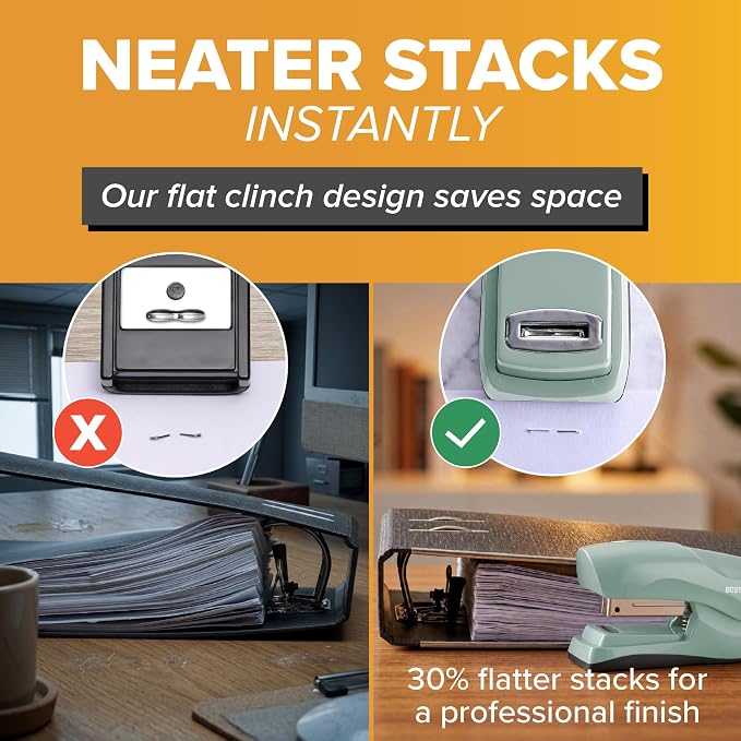 Bostitch Heavy Duty Stapler Value Pack, 40 Sheet Capacity, Sage | Half-strip, flat-clinch design opens fully for tacking bulletin boards; includes a staple remover and 5,000 staples.