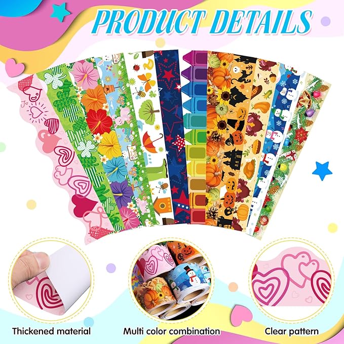 Geyee 12 Rolls 394 ft Holiday Bulletin Board Borders Seasonal Bulletin Board Decorations Winter Valentine's Day Spring Trim for School Classroom Wall Decor