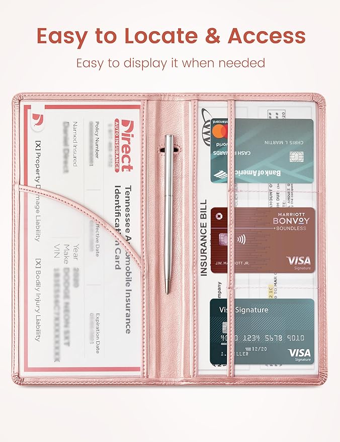 Yarnic Car Registration and Insurance Holder, Car Document Holder with Magnetic Closure, Car Wallet for Driver License, Cards and other Essential Documents (Rose Gold)